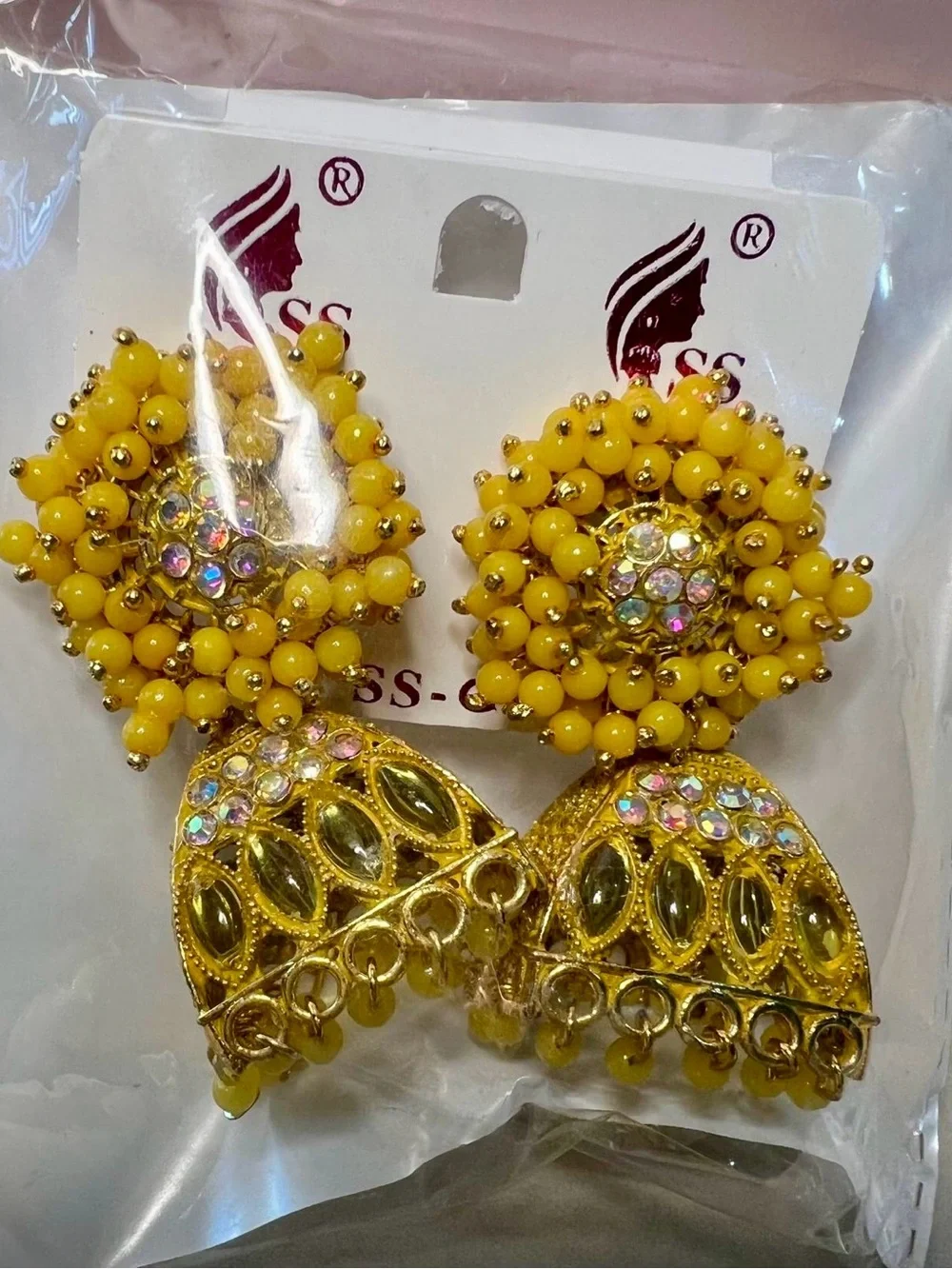 Yellow Beaded Gold-Tone Jhumka Earrings by